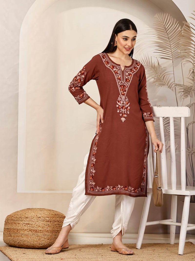 QAZMI Women Rayon Straight Tunic Shirt Aafreen Brown Long_XS Brown XS - Image 2
