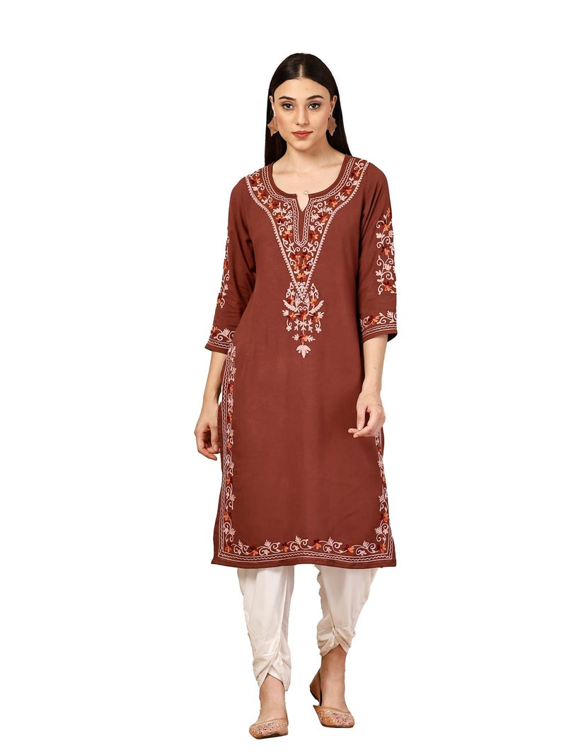 QAZMI Women Rayon Straight Tunic Shirt Aafreen Brown Long_XS Brown XS - Image 1