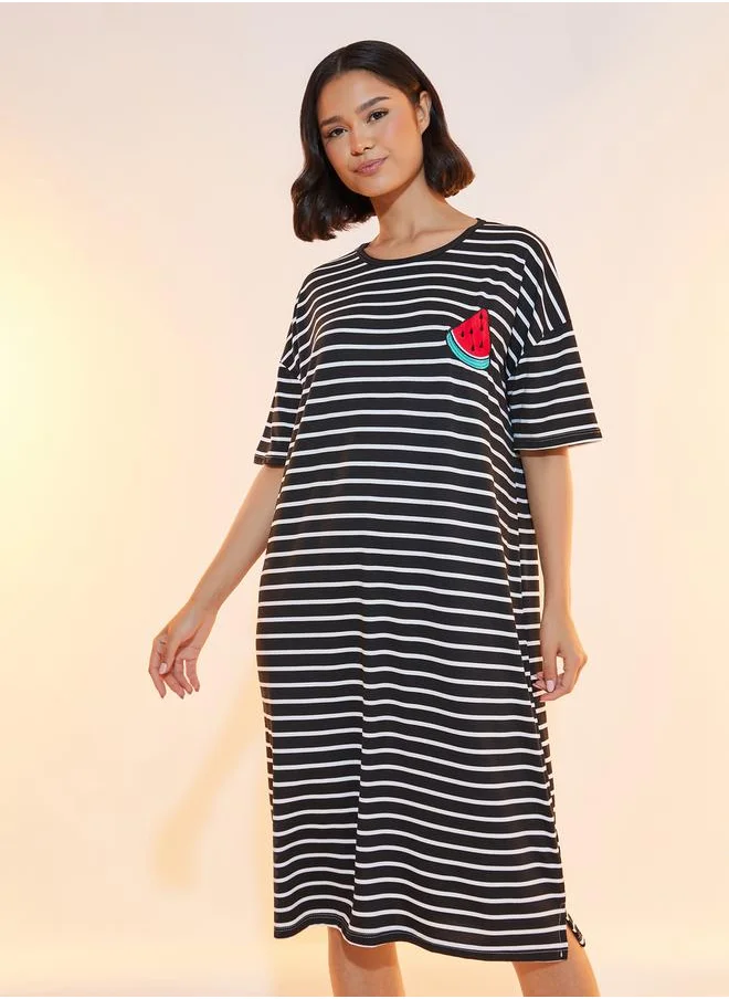 Styli Striped Sleep T-Shirt Dress with Patch Detail