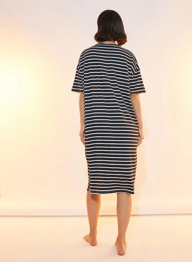 Take Two Striped Sleep T-Shirt Dress with Patch Detail