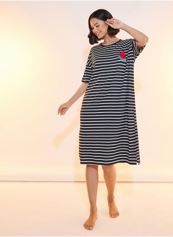 Take Two Striped Sleep T-Shirt Dress with Patch Detail  - Image 1