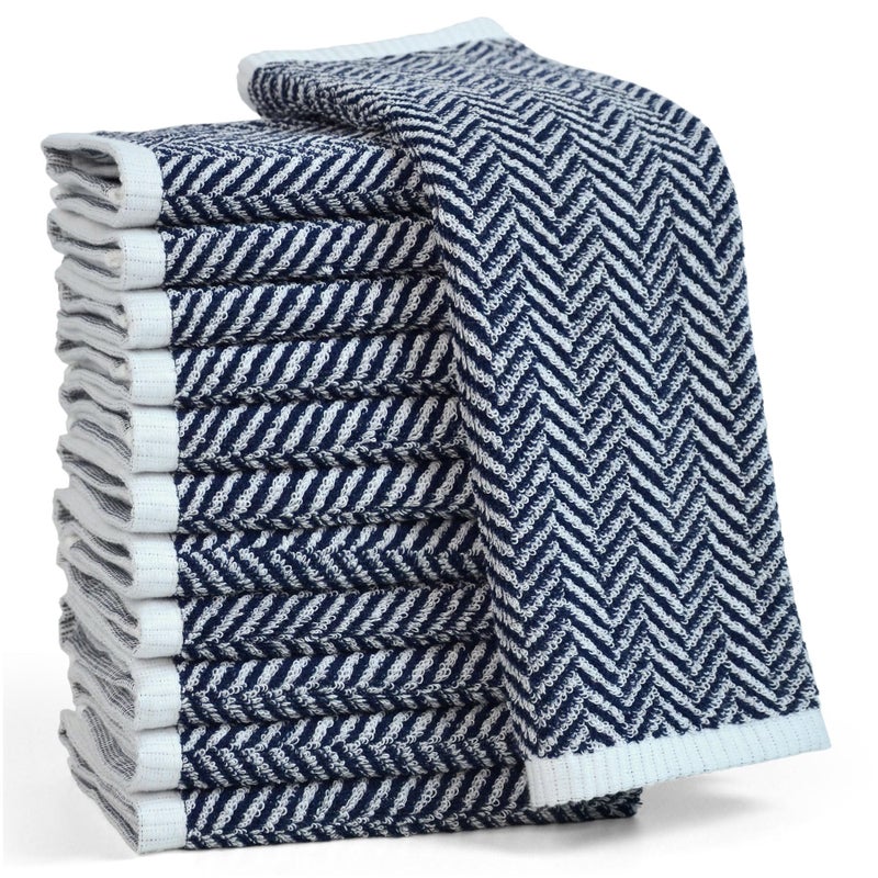 Cleanbear Wash Cloths for Bathroom with Herringbone Stripes, 12 Cotton Washcloths for Showering, Large 13 x 13 Inches, Navy-Blue - Image 1