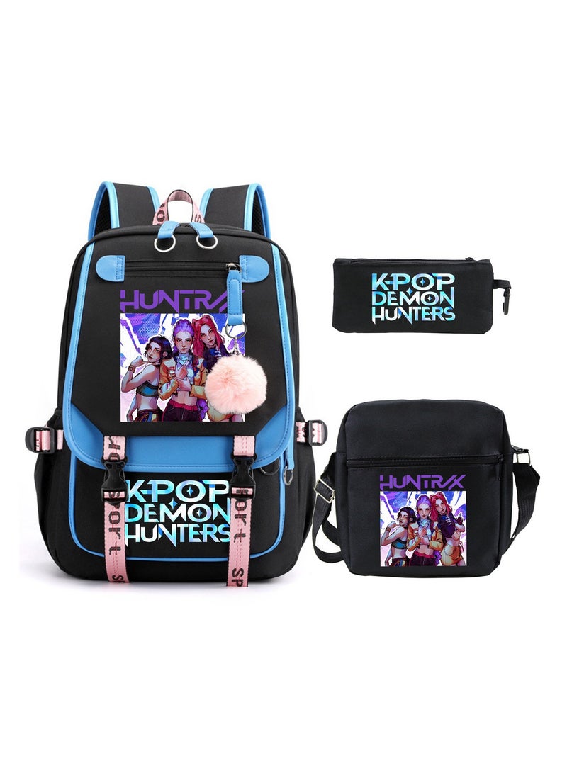 Demon Hunter Squad Print Backpack 3-Piece Set Large Capacity Backpack for Elementary  Middle School Students Kids' Fashion Casual Backpack + Shoulder Bag + Pencil Case Anime Kpop Fan Support Kit
