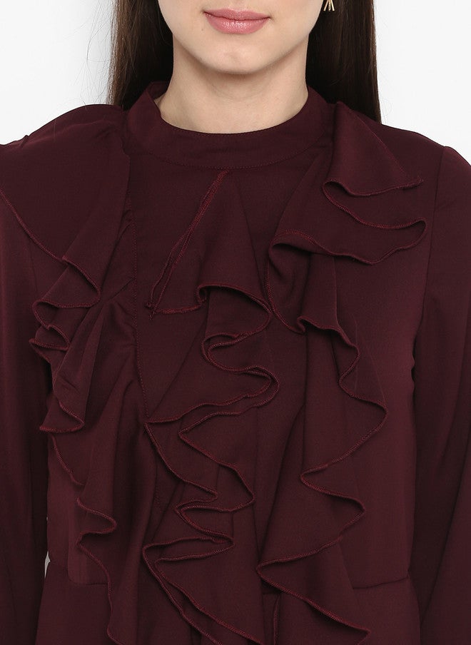 StyleStone فستان A-Line نسائي ماروني سادة من ستايل ستون مع كشكش - Image 2