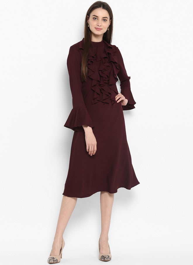 StyleStone فستان A-Line نسائي ماروني سادة من ستايل ستون مع كشكش - Image 1