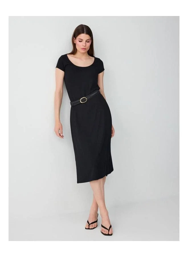 Jimmy Key Black U-Neck Short Sleeve Midi Knit Dress.