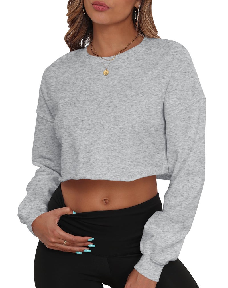 PRIMODA Women's Crewneck Cropped Sweatshirt Loose Pullover Sweatshirt Long Sleeve Crop Tops (Grey M) - Image 1