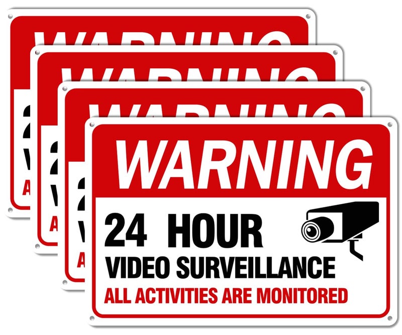 multiwins Video Surveillance Sign, 4-Pack Security Camera Sign, Reflective and Waterproof Material 24 Hour Surveillance Sign For Home/Business - Image 1