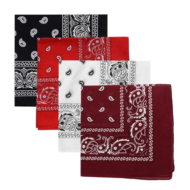 DIKHAWA Unisex Soft Breathable Cotton Paisley Printed Cowboy Bandanas,Headband,Scarf (BLACK,RED,WHITE,BURGUNDY_50CM X 50CM_Pack of 4) - Image 1