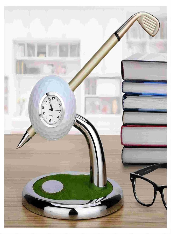 10L0L Golf Pen Holder with Clock Unique Gifts for Men, Mini Desktop Holder, Compatible with Enthusiasts Funny Business Gifts Includes Pen Set of 2 Office Desk Accessories- White - Image 1