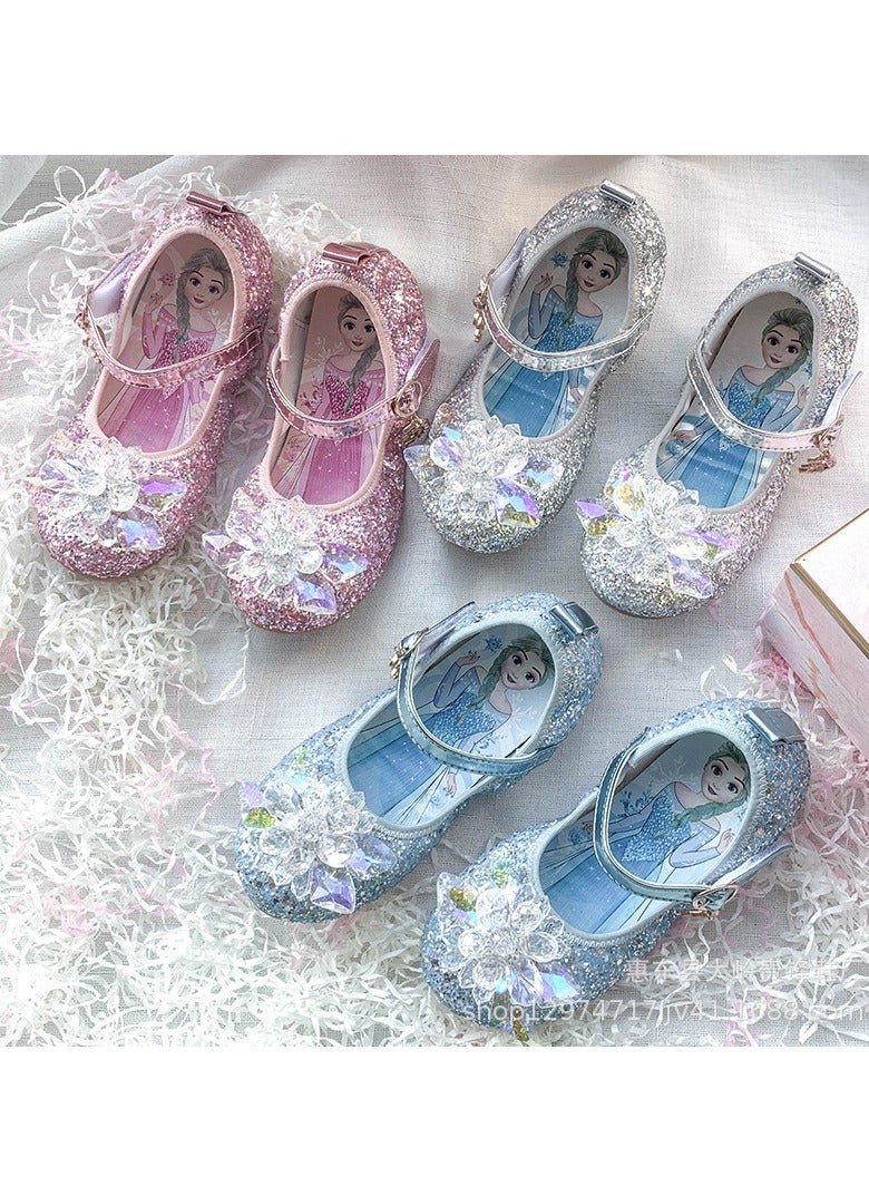 Girls' Princess Shoes New Korean Edition Elsa Butterfly Fashion Children's Crystal Shoes With Sequin One Word Strap Children's Shoes - Image 3