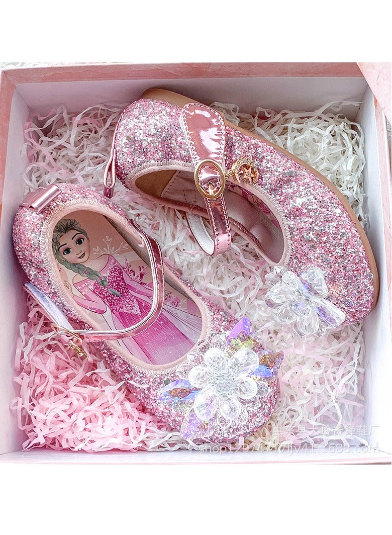 Girls' Princess Shoes New Korean Edition Elsa Butterfly Fashion Children's Crystal Shoes With Sequin One Word Strap Children's Shoes - Image 2