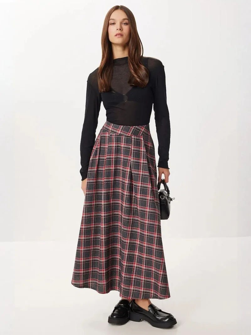 إسطنبول الساحرة ISTANBUL Plaid High Waist Pleated Midi Skirt
