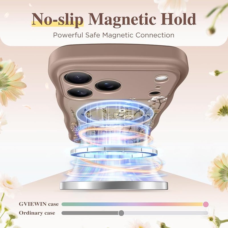 GVIEWIN for iPhone 17 Pro Max Case Compatible with MagSafe 【Curly Wave Edge】【Full Camera Protection】 Floral Translucent Shockproof Magnetic Women Phone Case for 17 Pro Max, Floratopia/Brown - Image 3