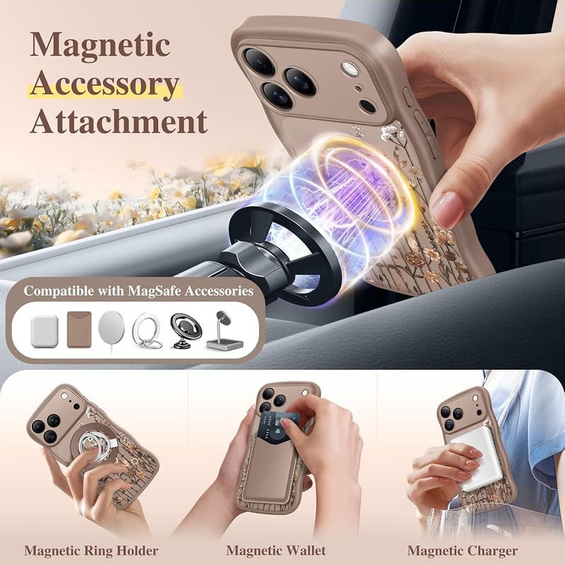 GVIEWIN for iPhone 17 Pro Max Case Compatible with MagSafe 【Curly Wave Edge】【Full Camera Protection】 Floral Translucent Shockproof Magnetic Women Phone Case for 17 Pro Max, Floratopia/Brown - Image 4