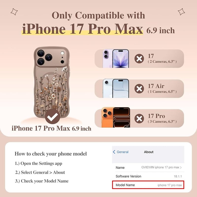 GVIEWIN for iPhone 17 Pro Max Case Compatible with MagSafe 【Curly Wave Edge】【Full Camera Protection】 Floral Translucent Shockproof Magnetic Women Phone Case for 17 Pro Max, Floratopia/Brown - Image 2