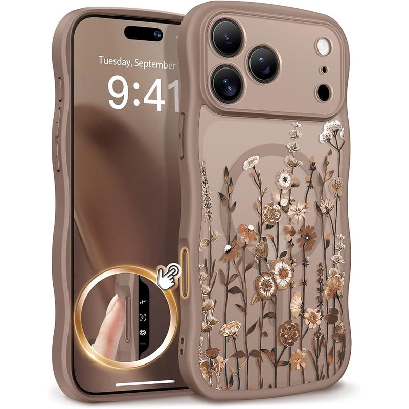 GVIEWIN for iPhone 17 Pro Max Case Compatible with MagSafe 【Curly Wave Edge】【Full Camera Protection】 Floral Translucent Shockproof Magnetic Women Phone Case for 17 Pro Max, Floratopia/Brown - Image 1