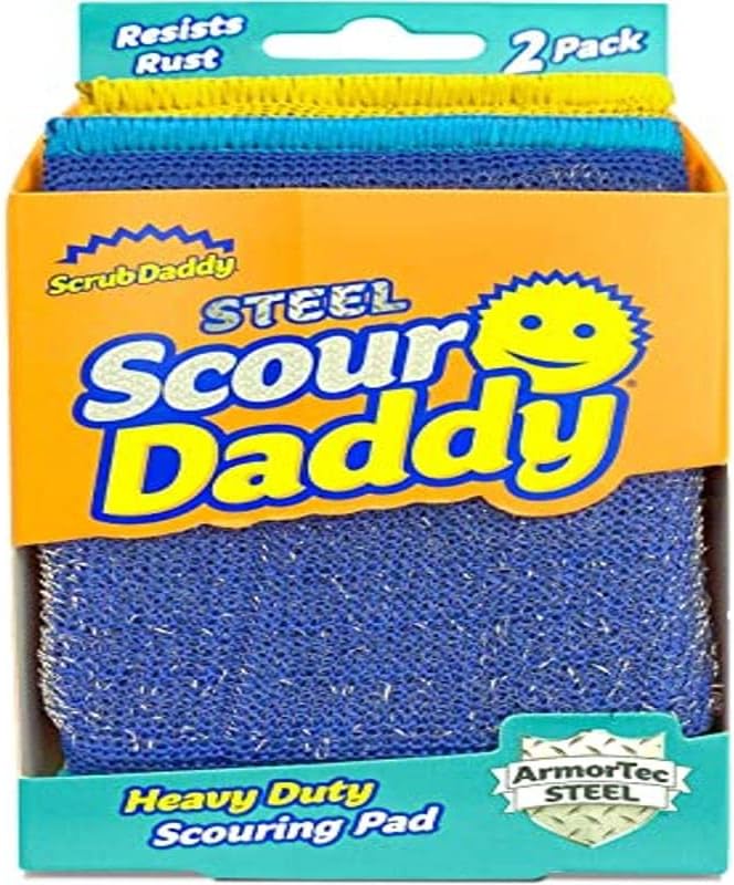 فرشاشات تنظيف من الفولاذ من نوع Scrub Daddy Steel – مصنوعة من الفولاذ المقاوم للصدأ، مناسبة لتنظيف الأطباق والقدور والمقالي وأجهزة الشواء، كما تُستخدم في أجهزة التنظيف الموجودة في المطبخ والحمام؛ ناعمة في الماء الدافئ وقوية في الماء البارد