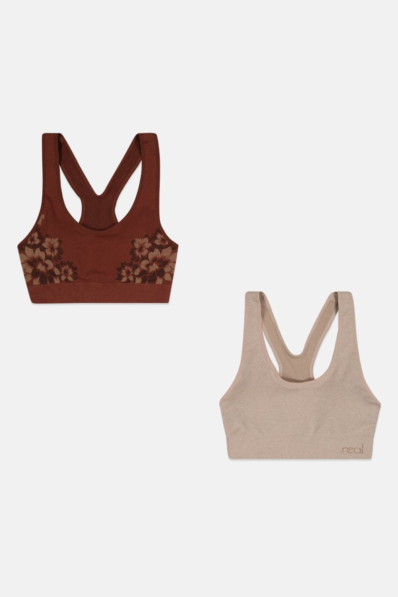 Real Women 2 Pieces Padded Printed Bra, Brown - Image 1