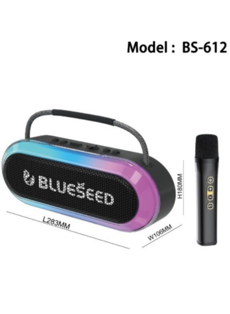 بلوسيد مكبر صوت كاريوكي لاسلكي BLUESEED BS-612 بقوة 20 وات، بوق مزدوج، جهير قوي، إضاءة مبهرة + بلوتوث، توصيل وتشغيل فلاش USB + بطارية قابلة للفصل، مقبض مدمج + أبعاد الطول 283 مم × العرض 106 مم × الارتفاع 180 مم، يتضمن ميكروفون لاسلكي - Image 1