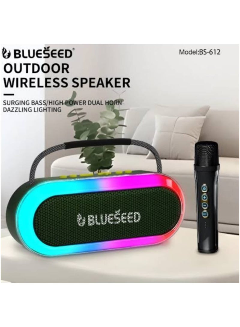 بلوسيد مكبر صوت كاريوكي لاسلكي BLUESEED BS-612 بقوة 20 وات، بوق مزدوج، جهير قوي، إضاءة مبهرة + بلوتوث، توصيل وتشغيل فلاش USB + بطارية قابلة للفصل، مقبض مدمج + أبعاد الطول 283 مم × العرض 106 مم × الارتفاع 180 مم، يتضمن ميكروفون لاسلكي - Image 2