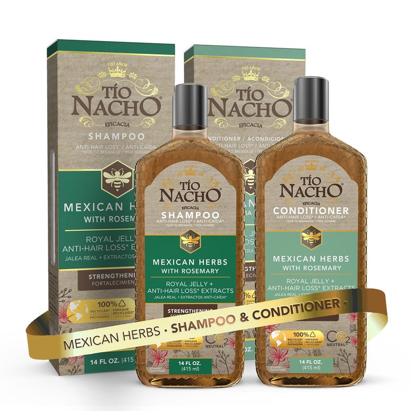 Tio Nacho مجموعة شامبو وبلسم الأعشاب المكسيكية من تيو ناتشو ضد تساقط الشعر مع غذاء ملكات النحل ومستخلص إكليل الجبل، روتين تقوية وتغذية لتساقط الشعر، مثالي للرجال والنساء، 14 أونصة سائلة لكل منهما - Image 1