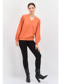 Wrangler Women V Neck Embroidered Logo Long Sleeves Sweatshirt, Orange  - Image 4