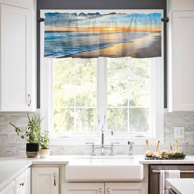 VALANCES CURTAINS FOR LIVING ROOM BEAUTIFUL SUNSET SEASCAPE WAVES AND BEACH SEMI SHEER VALANCE FOR WINDOWS ROD POCKET SHORT WINDOW TREATMENT DECOR CURTAINS LIGHT FILTERING KITCHEN VALANCE 54X18