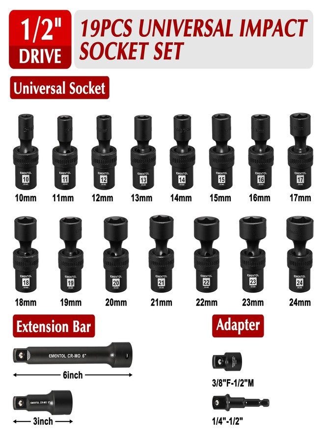 EMENTOL 19PCS 1/2" Drive Universal Impact Socket Set, Swivel Socket with Flexible Wobble, Metric 10mm-24mm, CR-MO, 6 Point, Includes Extension Bar and Adapter - Image 2
