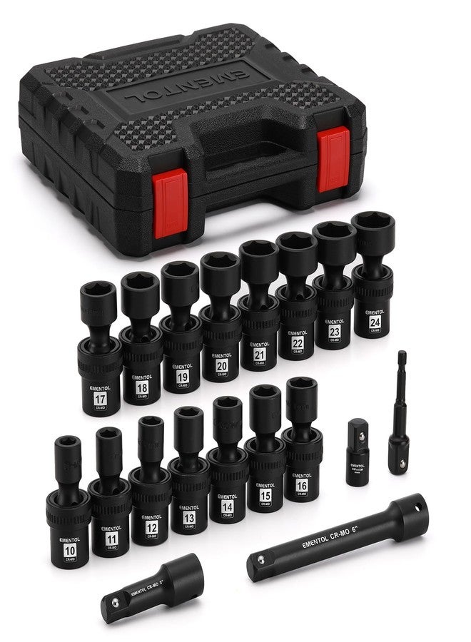 EMENTOL 19PCS 1/2" Drive Universal Impact Socket Set, Swivel Socket with Flexible Wobble, Metric 10mm-24mm, CR-MO, 6 Point, Includes Extension Bar and Adapter - Image 1