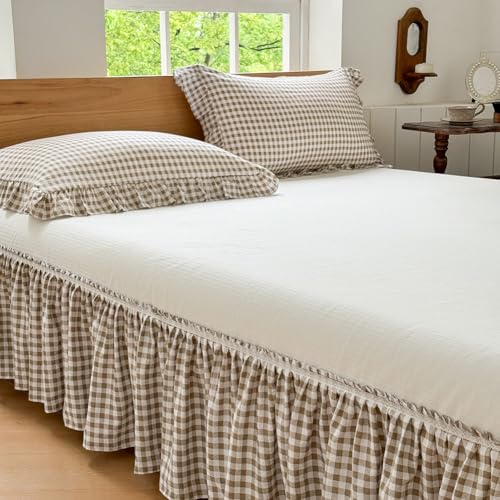 NSNLGSGC Tan Gingham Wrap Around Ruffled Bed Skirt with Lace Decor Plaid Grid Adjustable Elastic Dust Ruffles for Queen Bed 15 Inch Drop Farmhouse Cottage Pleated Bed Frame CoverTan Gingham Queen - Image 1