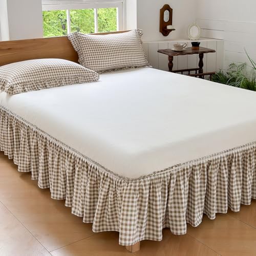 NSNLGSGC Tan Gingham Wrap Around Ruffled Bed Skirt with Lace Decor Plaid Grid Adjustable Elastic Dust Ruffles for Queen Bed 15 Inch Drop Farmhouse Cottage Pleated Bed Frame CoverTan Gingham Queen - Image 3