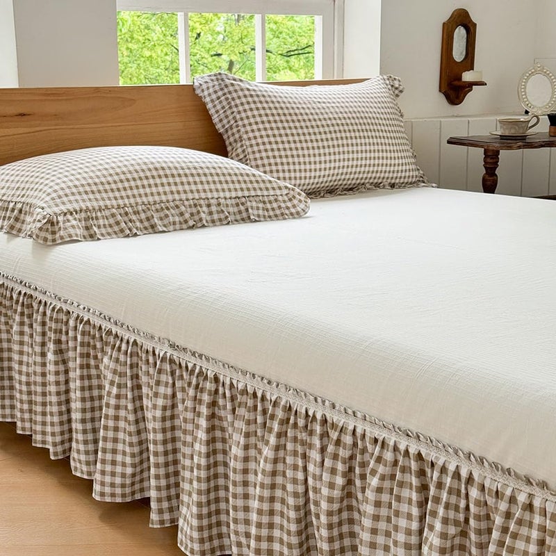 NSNLGSGC Tan Gingham Wrap Around Ruffled Bed Skirt with Lace Decor Plaid Grid Adjustable Elastic Dust Ruffles for Queen Bed 15 Inch Drop Farmhouse Cottage Pleated Bed Frame CoverTan Gingham Queen - Image 2