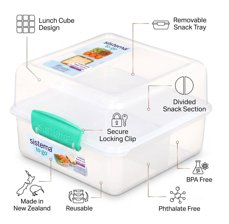 Sistema Lunch Cube To Go 1.4L Clear with Ocean Blue Clip – BPA Free Reusable Lunch Box with Divided Compartments, Secure Locking Lid, Meal Prep Food Storage Container for School, Office & Travel - Image 4