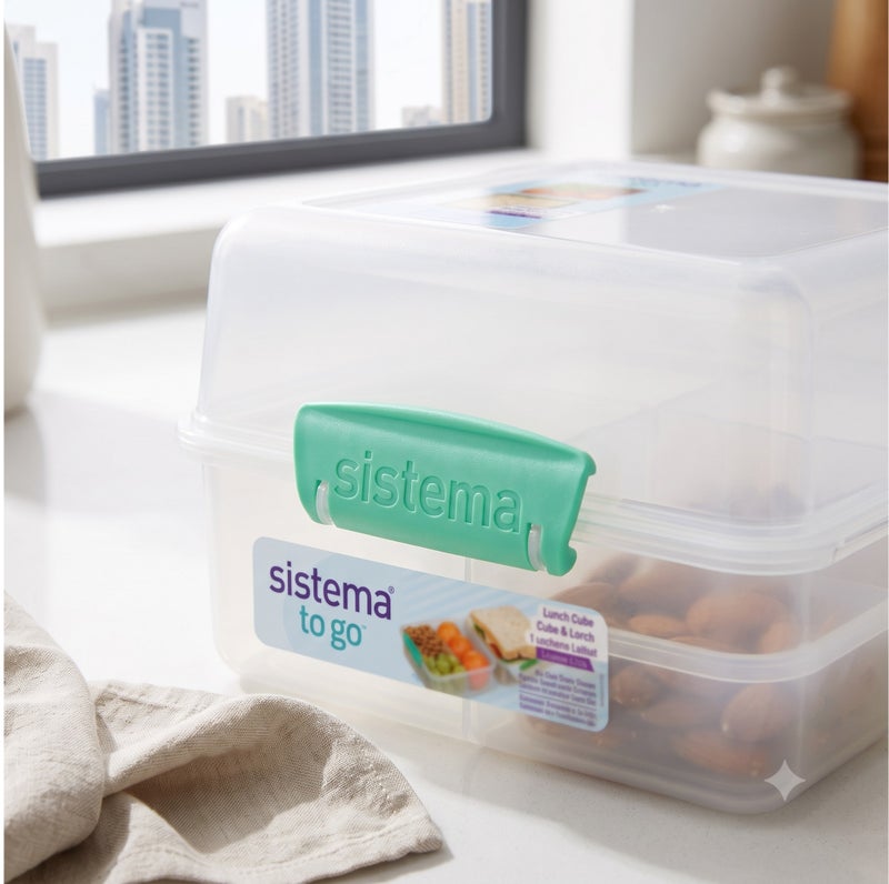 Sistema Lunch Cube To Go 1.4L Clear with Ocean Blue Clip – BPA Free Reusable Lunch Box with Divided Compartments, Secure Locking Lid, Meal Prep Food Storage Container for School, Office & Travel - Image 5