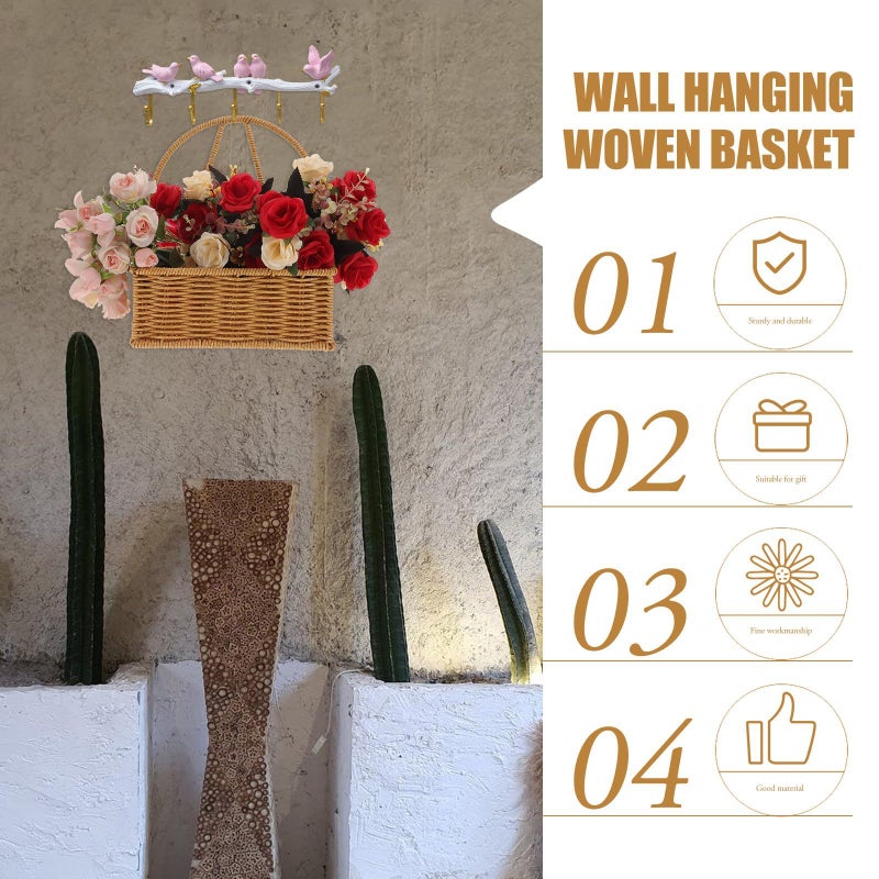 Handmade Woven Rattan Wall Hanging Basket Natural Rectangular Iron Frame Fruit and Vegetable Holder for Kitchen Bathroom Storage Decorative Produce Organizer - Image 4