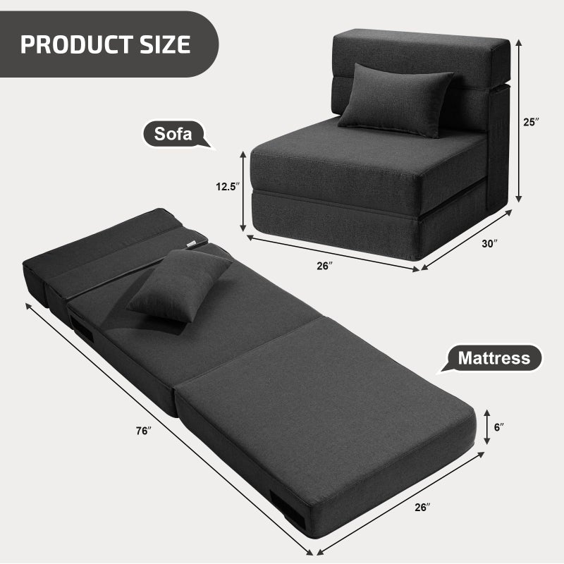 SUYOLS Folding Sofa Bed with Pillow- Convertible Chair Floor Couch & Sleeping Mattress, Foldable Memory Foam Sleeper for Living Room/Dorm/Guest Room/Home Office/Apartment/Loft, Single26, Dark Gray - Image 3
