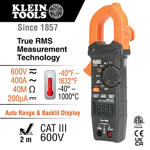 Klein Tools مقياس كلين للأدوات CL320 الرقمي، مقياس مشبك HVAC AC بتغيير تلقائي 400A، جهد AC/DC، TRMS، ميكرو أمبير DC، مقاومة، تردد، NCVT، درجة الحرارة، المزيد - Image 2