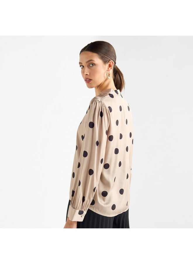 FAV All-Over Polka Dot Print V-neck Top with Long Sleeves  - Image 3