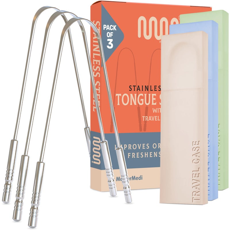 MasterMedi Tongue Scraper for Adults, 100% Stainless Steel Scrubber for Bad Breath, Easy to Use, Tongue Cleaner for Oral Care & Hygiene Set of 3 (with Travel Case) - Image 1