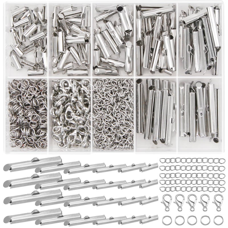 JOJOPLAY All Size Slider Clasp for Beading Slide Tube Cord Ends with Open Jump Rings Lobster Clasp Chain Extender Jewelry Finding Kit Bead Loom End Bar for Jewelry Making (Silver) - Image 1