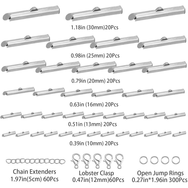 JOJOPLAY All Size Slider Clasp for Beading Slide Tube Cord Ends with Open Jump Rings Lobster Clasp Chain Extender Jewelry Finding Kit Bead Loom End Bar for Jewelry Making (Silver) - Image 2