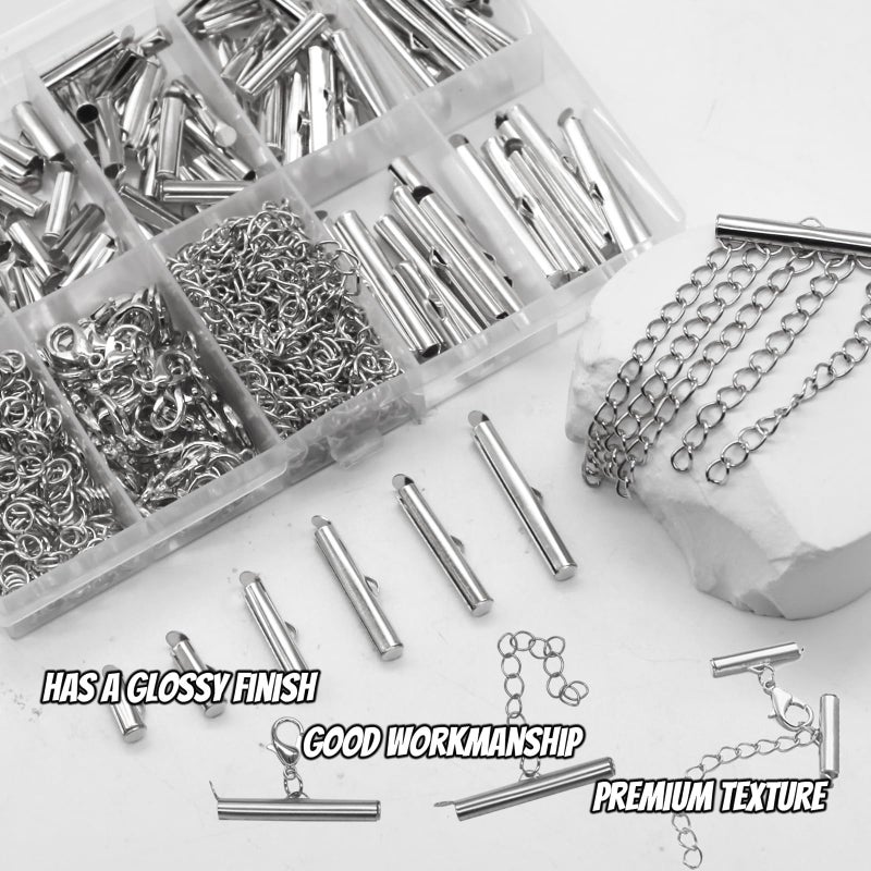 JOJOPLAY All Size Slider Clasp for Beading Slide Tube Cord Ends with Open Jump Rings Lobster Clasp Chain Extender Jewelry Finding Kit Bead Loom End Bar for Jewelry Making (Silver) - Image 4
