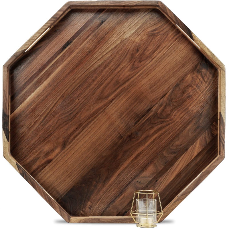 MAGIGO 26 Inches Extra Large Octagonal Black Walnut Wood Ottoman Tray with Handles Serve Tea Coffee Classic Wooden Decorative Serving Tray