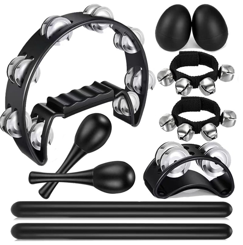 Rrayia 10 Pcs Black Tambourines for Adults - Half Moon Tambourine, Foot Tambourine, Wood Rhythm Sticks, Egg Shakers, Wrist Bells, a Pair Maracas, Musical Percussion Instrument Set for Church,Party - Image 1