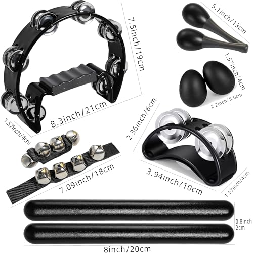 Rrayia 10 Pcs Black Tambourines for Adults - Half Moon Tambourine, Foot Tambourine, Wood Rhythm Sticks, Egg Shakers, Wrist Bells, a Pair Maracas, Musical Percussion Instrument Set for Church,Party - Image 2
