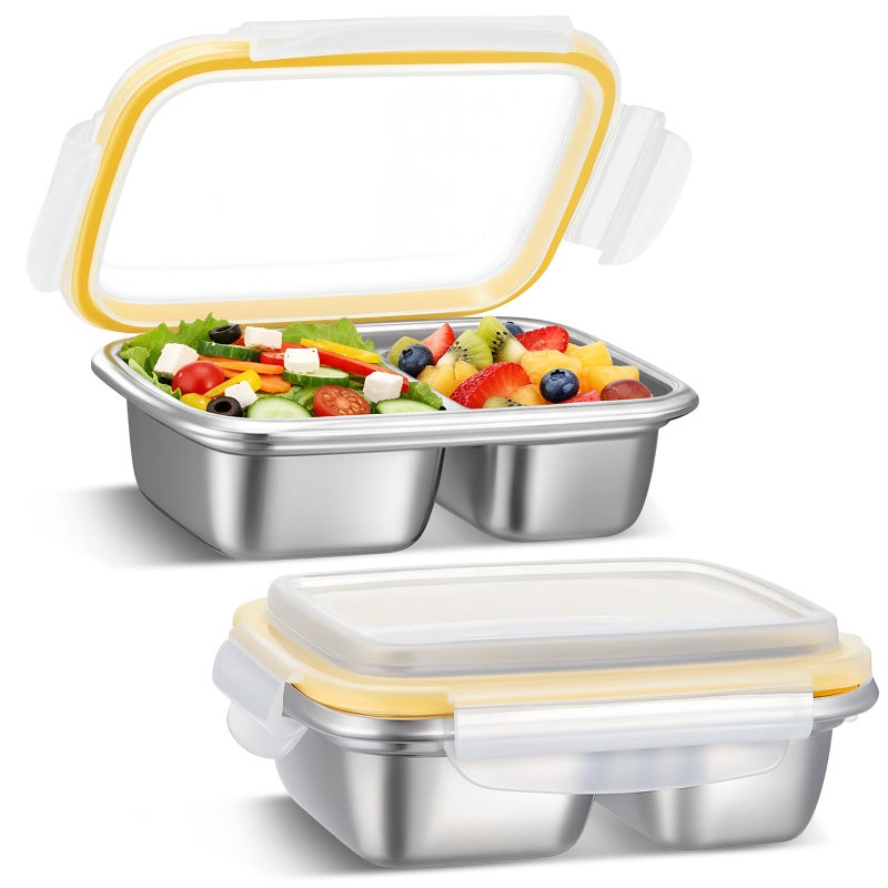 Blushtier 2 Pack Stainless Steel Snack Containers, 550ml Dual Section (Non Sealed Divider), Leak Resistant Lids for Dry Foods, 304 Stainless Steel, Reusable Food Storage for Office, School, Travel - Image 1