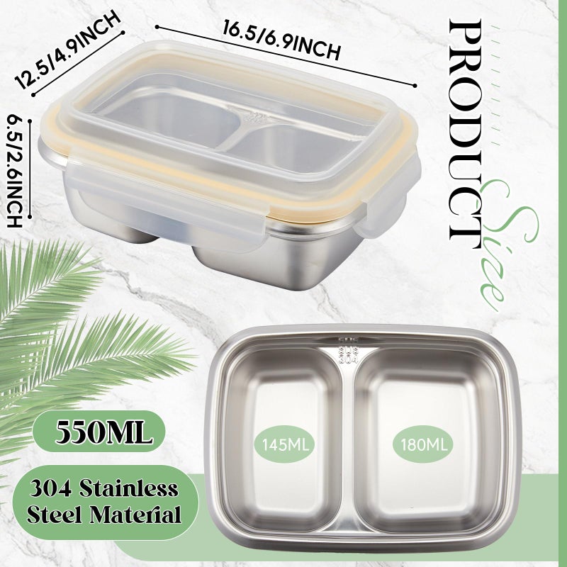 Blushtier 2 Pack Stainless Steel Snack Containers, 550ml Dual Section (Non Sealed Divider), Leak Resistant Lids for Dry Foods, 304 Stainless Steel, Reusable Food Storage for Office, School, Travel - Image 2
