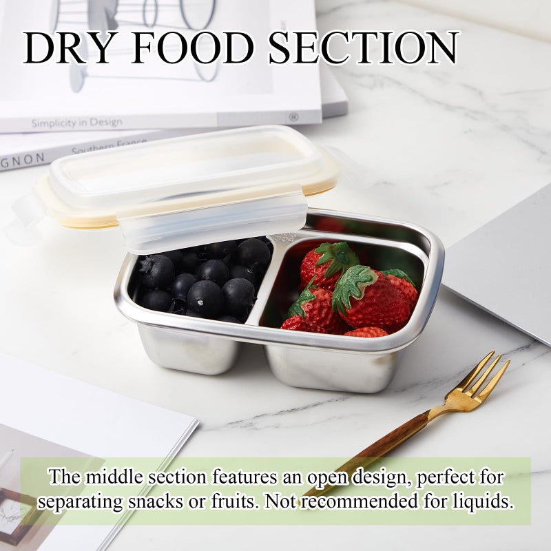 Blushtier 2 Pack Stainless Steel Snack Containers, 550ml Dual Section (Non Sealed Divider), Leak Resistant Lids for Dry Foods, 304 Stainless Steel, Reusable Food Storage for Office, School, Travel - Image 3
