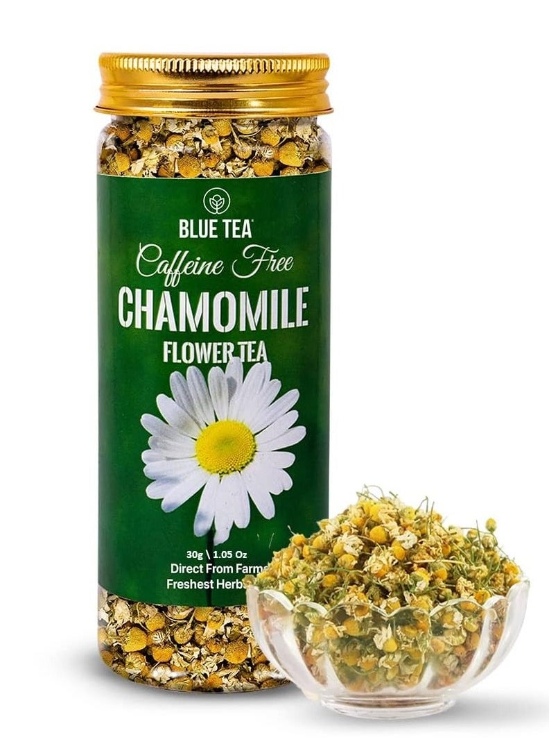BLUE TEA BLUE TEA - Chamomile Tea - 30 g - 30+ Cups | SLEEP & RELAXATION | Herbal Tea - Caffeine Free - Flower Based - Non-Bitter - Non-GMO | Featured In Shark Tank | Reusable Pet Jar  - Image 1